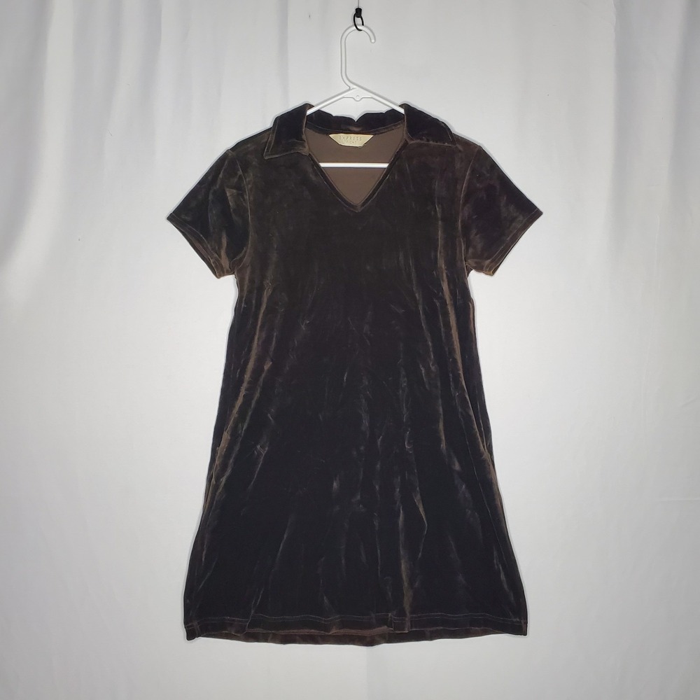 Vtg Express Tricot Brown Velour Shirt Mini Dress 12 Forest Fairy Grunge Prep